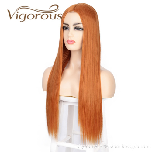 Wholesale Price Long Silky Straight Wave Middle Part Small Part Lace Pre Plucked Orange Cosplay Party Synthetic Hair Wigs